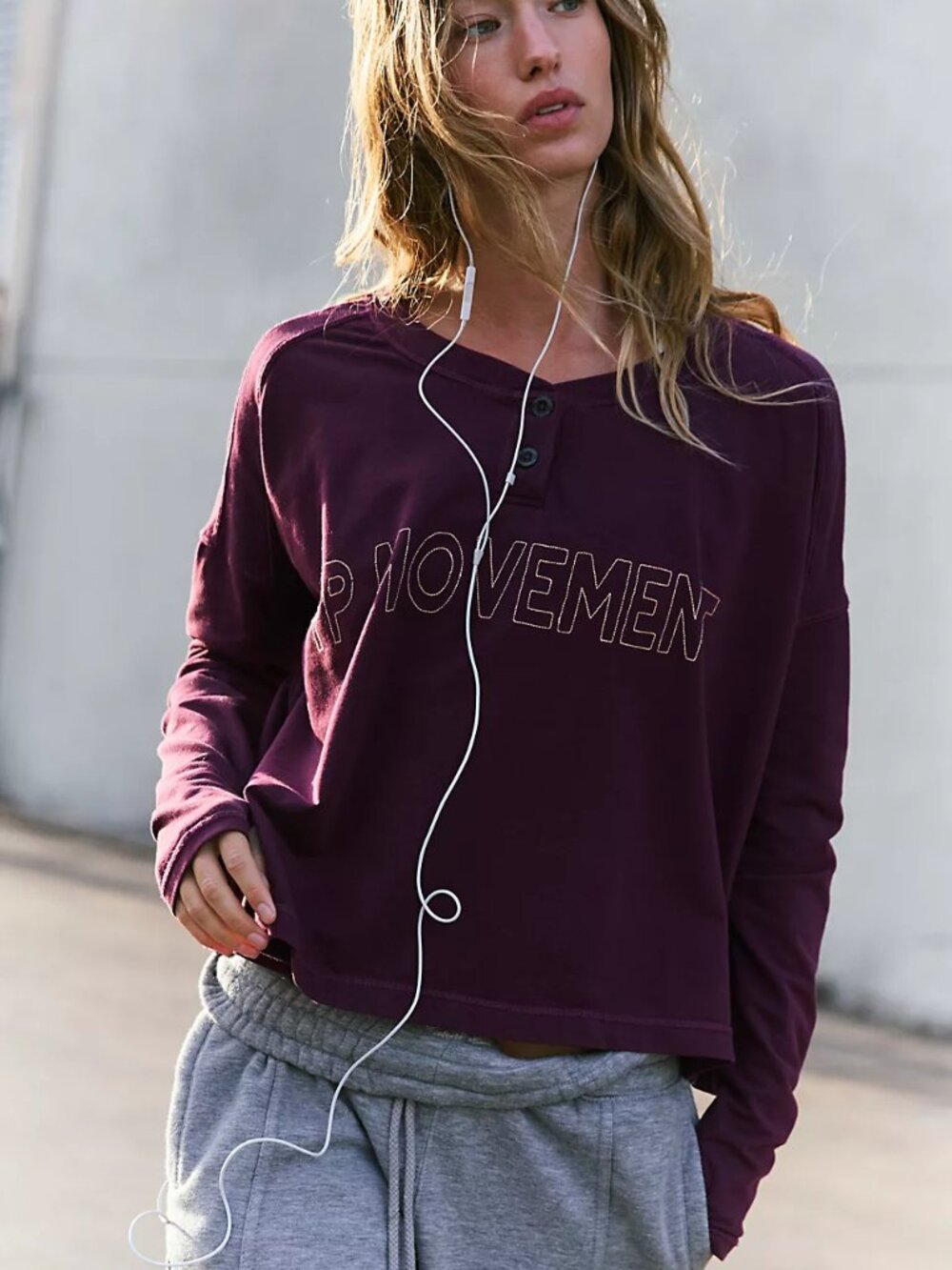 Free People Movement Now or Never Long Sleeve Henley Embroidered Plum Size XS